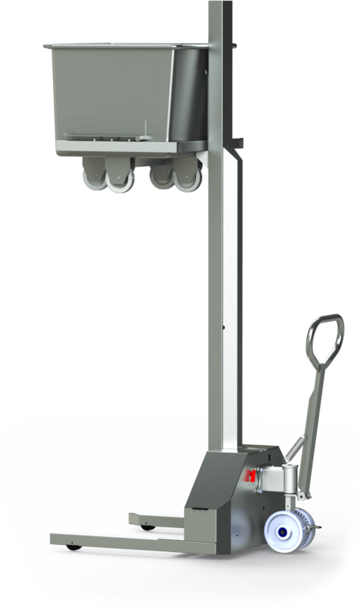 The Simpro Eurostacker is a compact stainless-steel bin stacker, with modular lifting arms designed to suit Eurobins, Flurobins and other common food-grade bins and containers