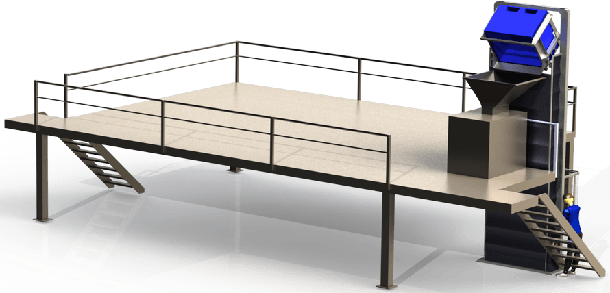 CAD render showing new food-processing line with a Simpro MegaDumper